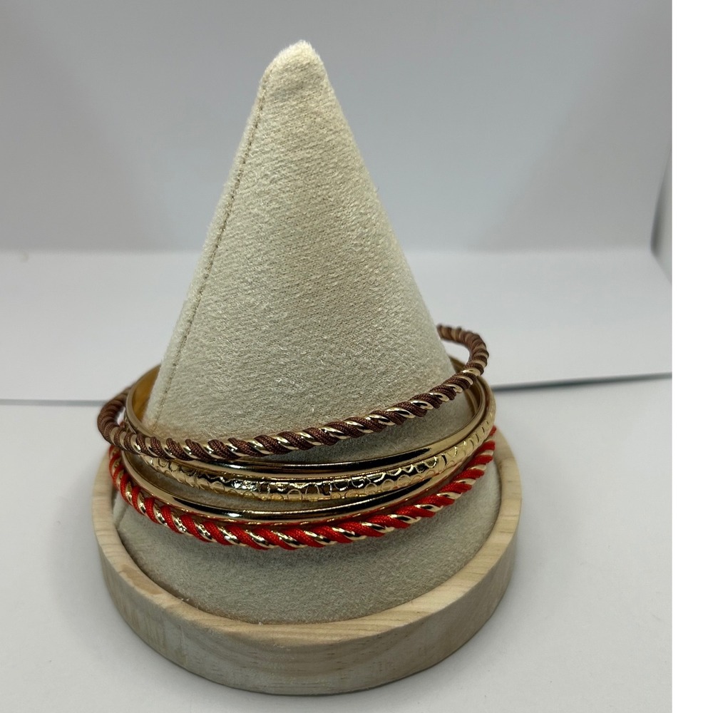 Bangle Bracelet Set Women Size 8.25-8.5Gold Red Brown Gold tone Cord Metal 5pc‎